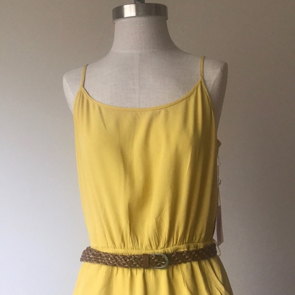 Yellow Spaghetti Strap Floral Embroidered Belted Mini Dress Size M - Picture 5 of 5